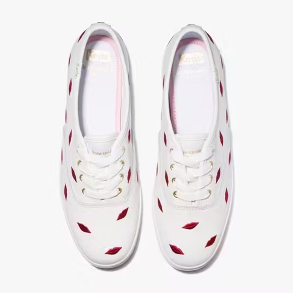 Keds Kate Spade Champion Embroidered Lips White Leather Lace Up Fashion Sneakers - Picture 11 of 14